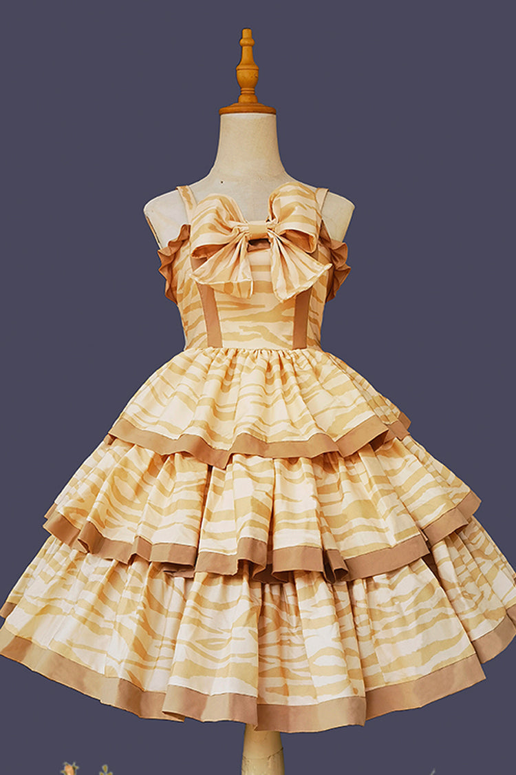 Sweet Apricot Triple-Layer Print Ruffle Bow Lolita Dress
