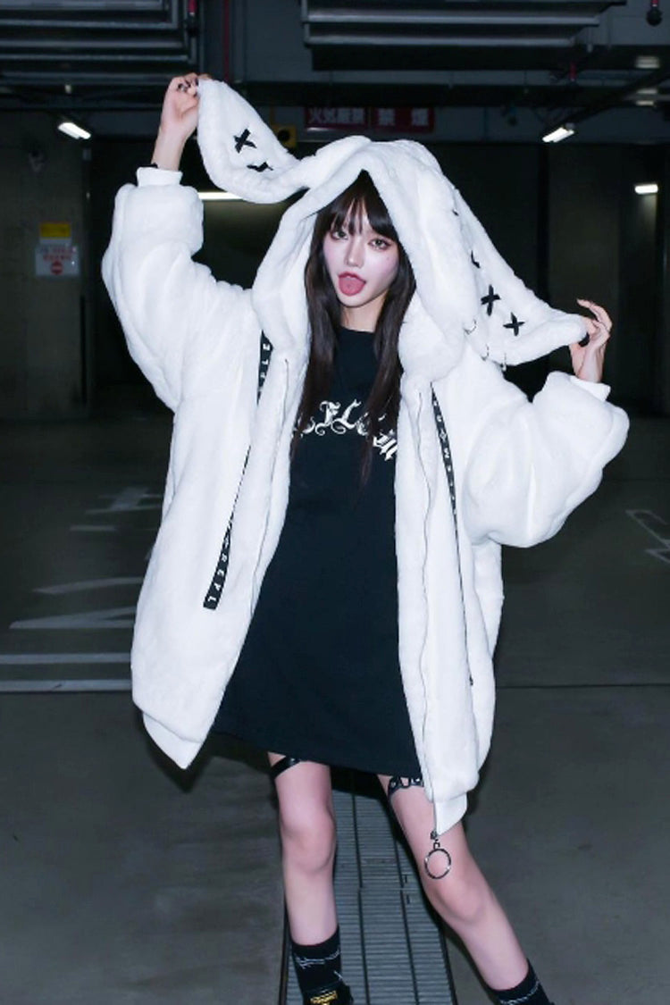 White Rabbit Ears Hooded Punk Jirai Kei Coat