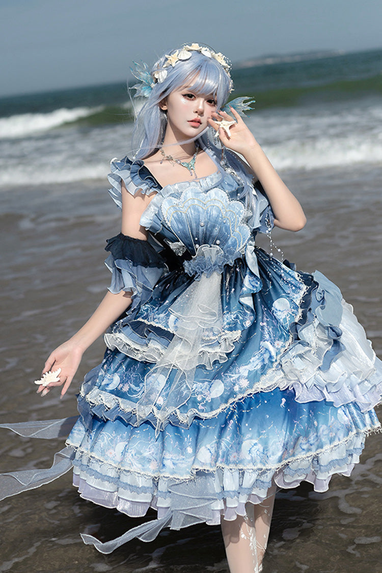Blue Gradient Lace Embroidery Bowknot Asymmetric Elegant JSK Dress