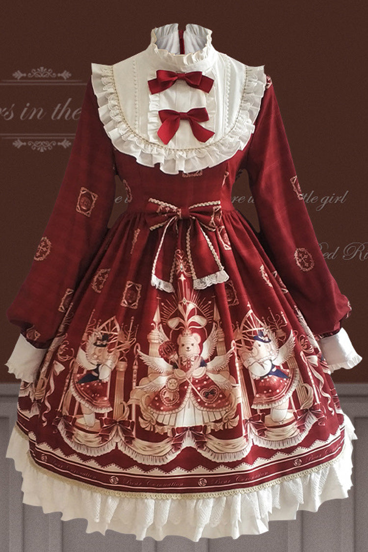 Hanayome OP Dress with Bear Print, Ruffles, and Lantern Sleeves
