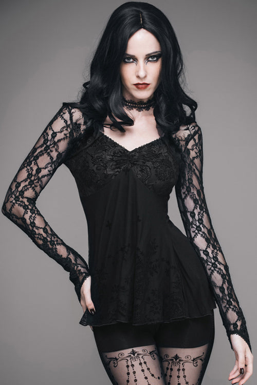 Gothic Mesh Tee with Rose Lace Trim and V-Neck