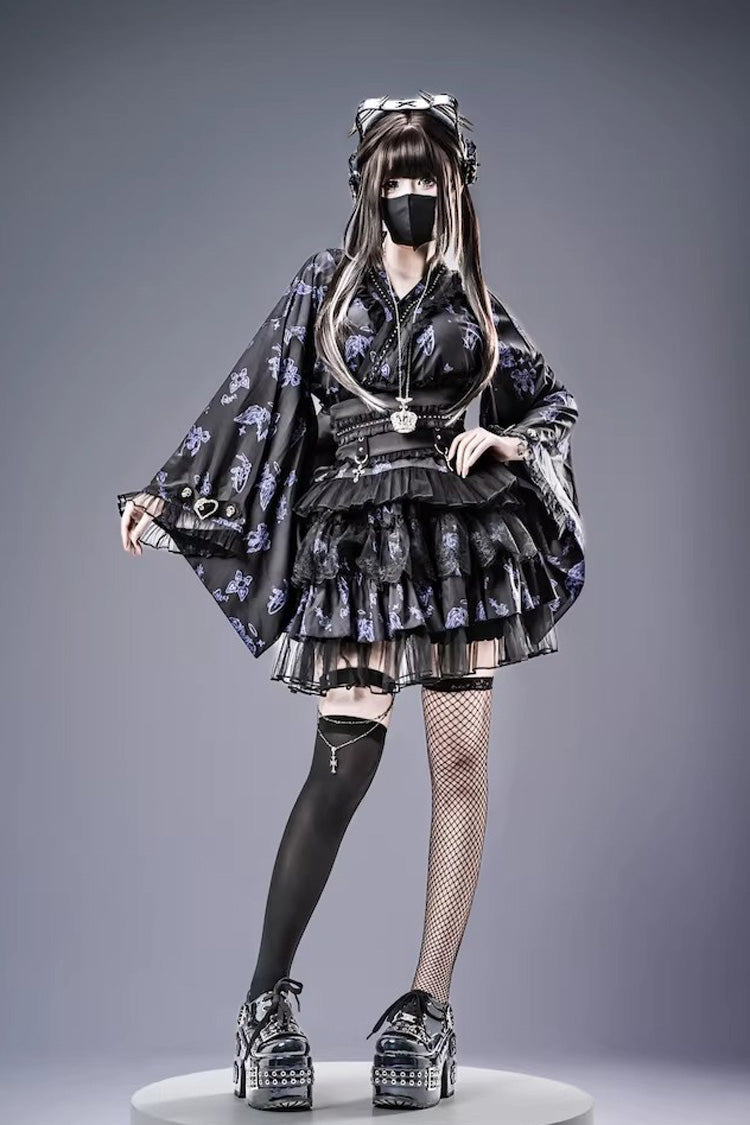 Studded Ruffled Lace Print Gothic Jirai Top and Skirt Set in Three Shades