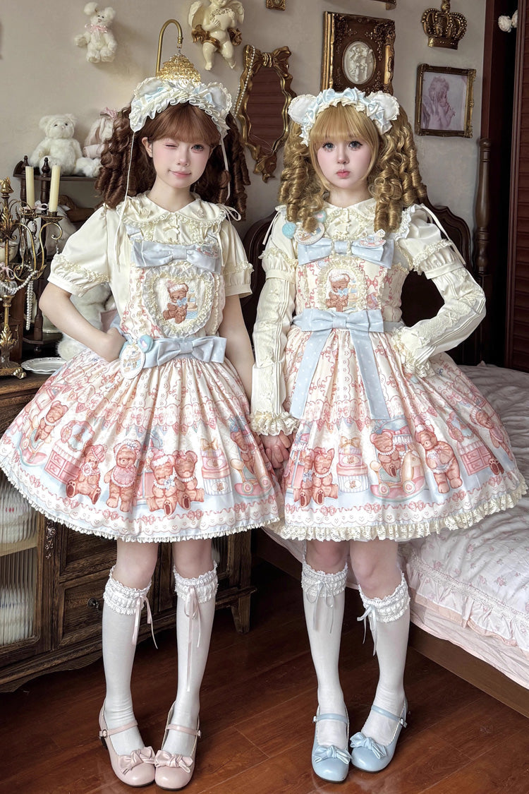 Bear Anniversary Celebration Sleeveless Printed Ruffled Bow Sweet Lolita Jumper Dress Two Colors