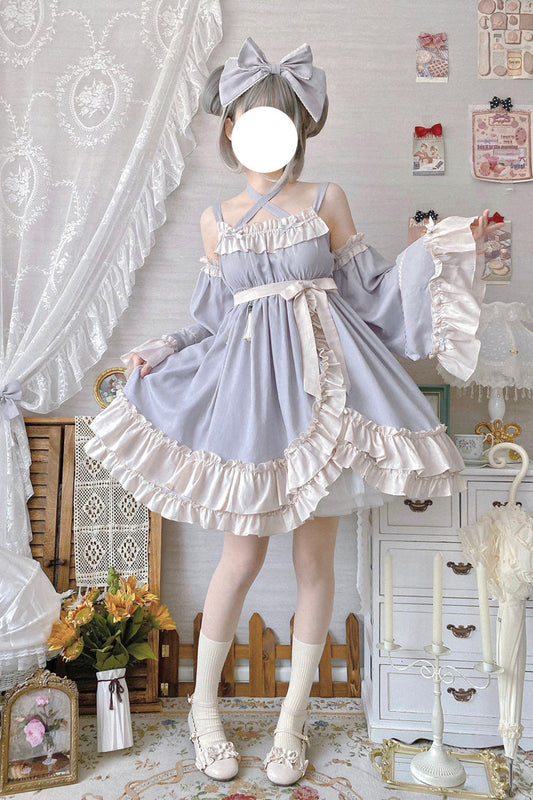 Sleeveless High Waist Ruffle Bow Asymmetric Sweet Lolita Jumper Dress - Grey