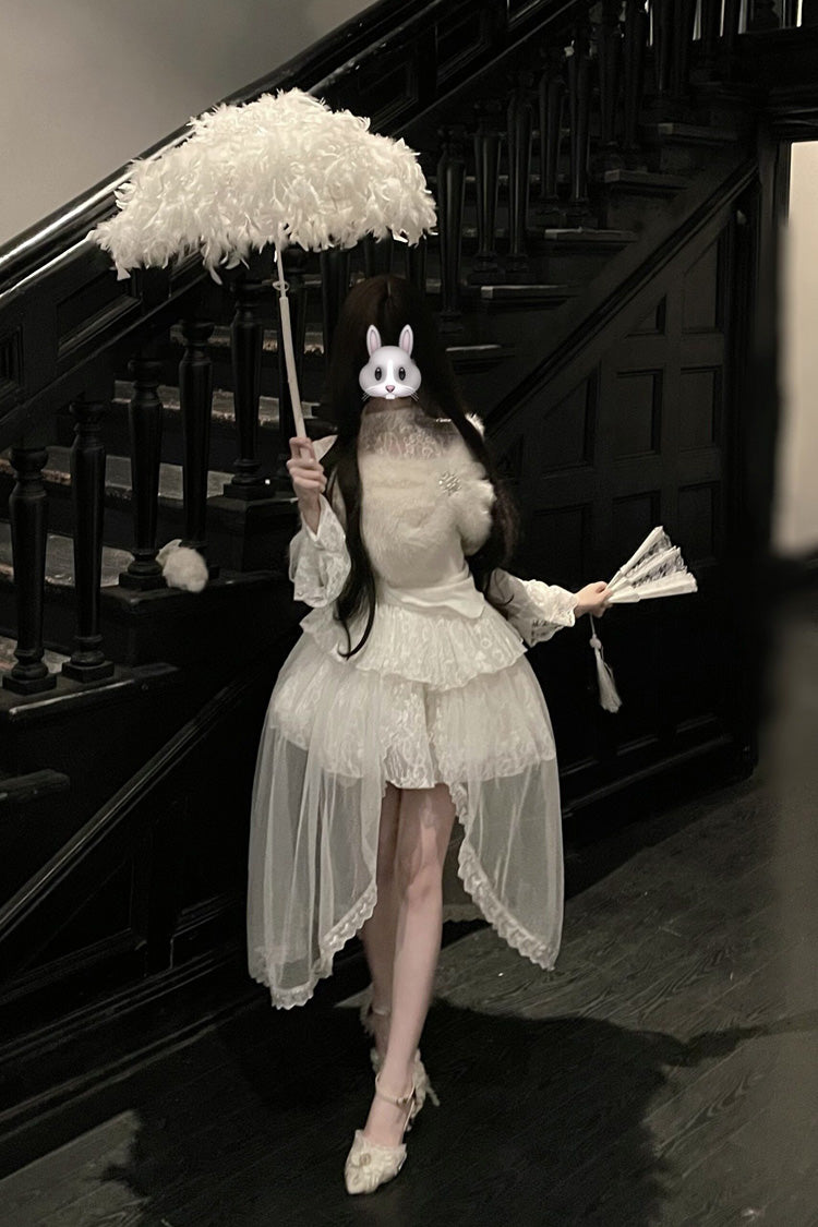 Ivory Long Sleeve Lace Irregular Sweet Skirt Set