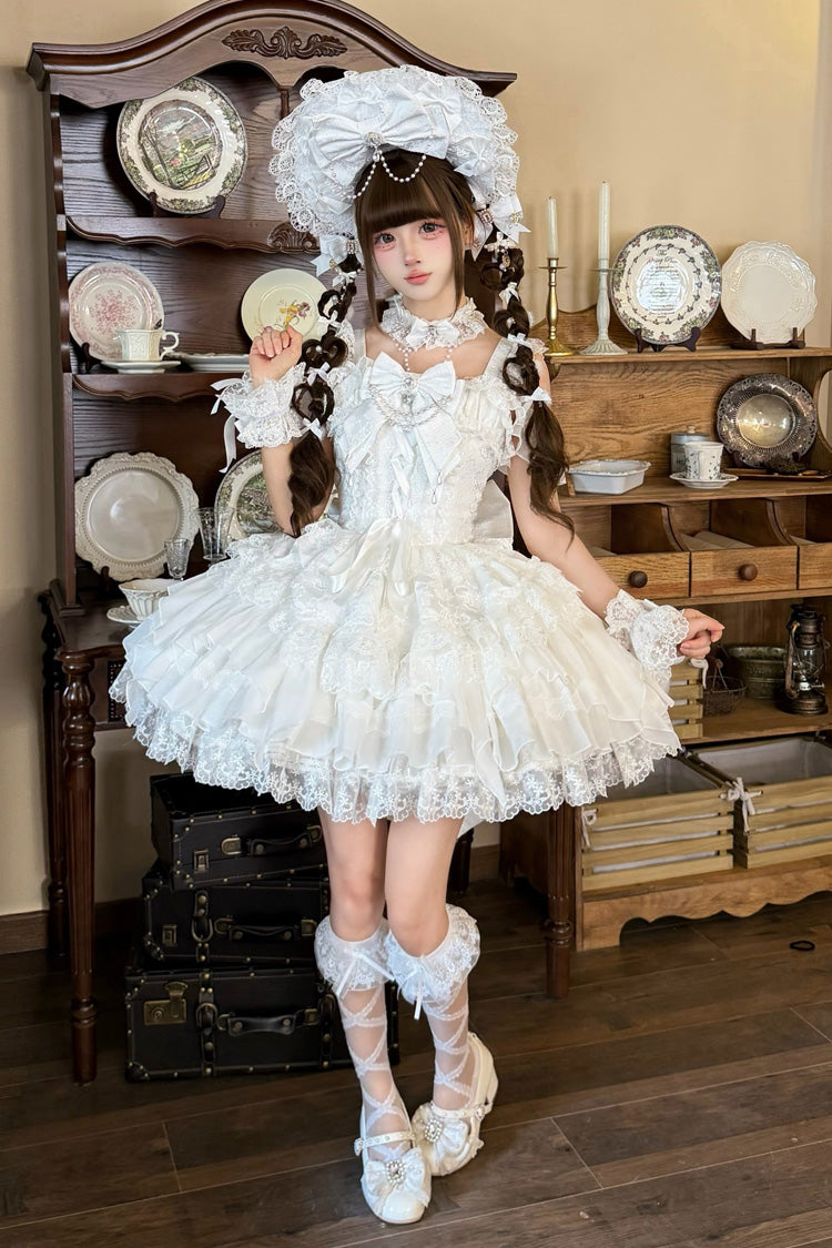 Ivory Ballet Pearl Square Neck Sleeveless Tiered Ruffle Bow Lace-Up JSK