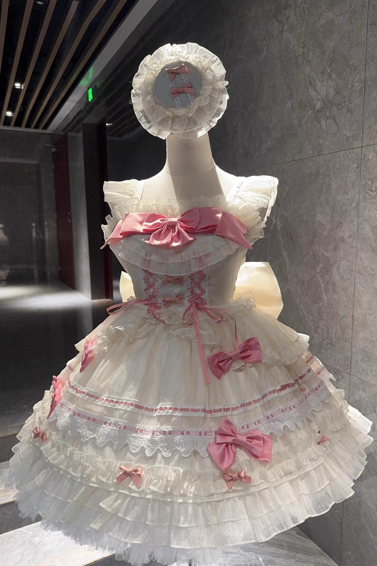 Sleeveless Multi-Layer Ruffle Bow Lace Sweet Princess Ballet Lolita Jumper Dress - Apricot Pink