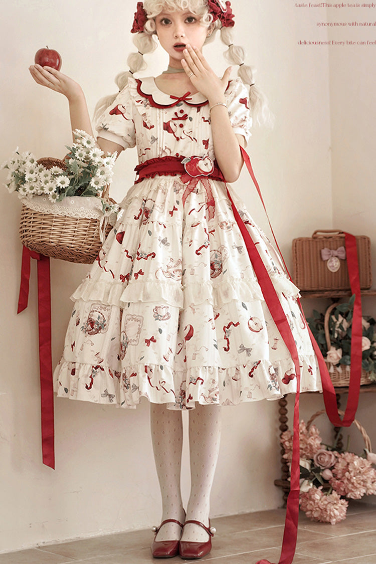 White Apple Tea Printed Country Style Sweet Lolita Dress - Short Sleeved Ruffled