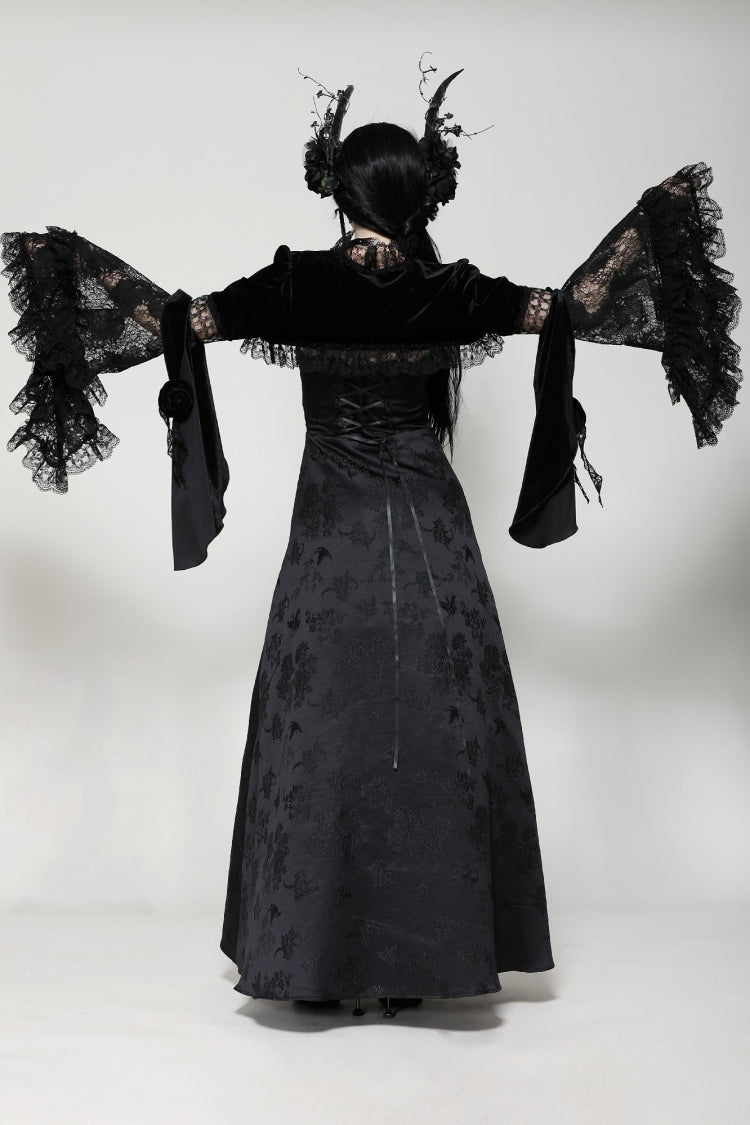 Jet-Black Gothic Cape with Flared Sleeves and Ruffled Lace Trim