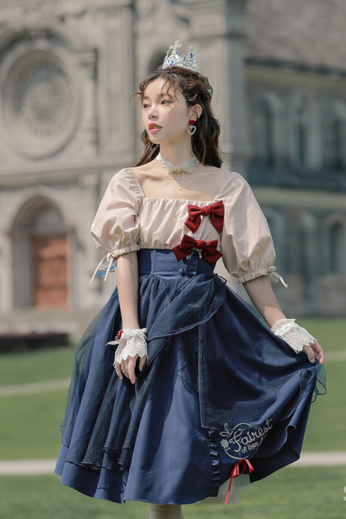 Azure Bubble-Sleeve High-Waist Sweet OP Gown with Snow White Motif