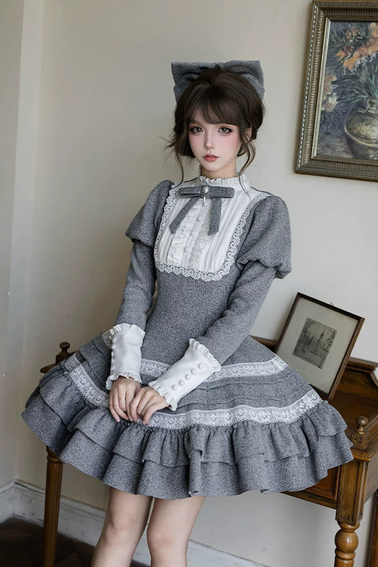 Classic Elegant Lolita Dress with Stand Collar and Ruffled Bow - Grey