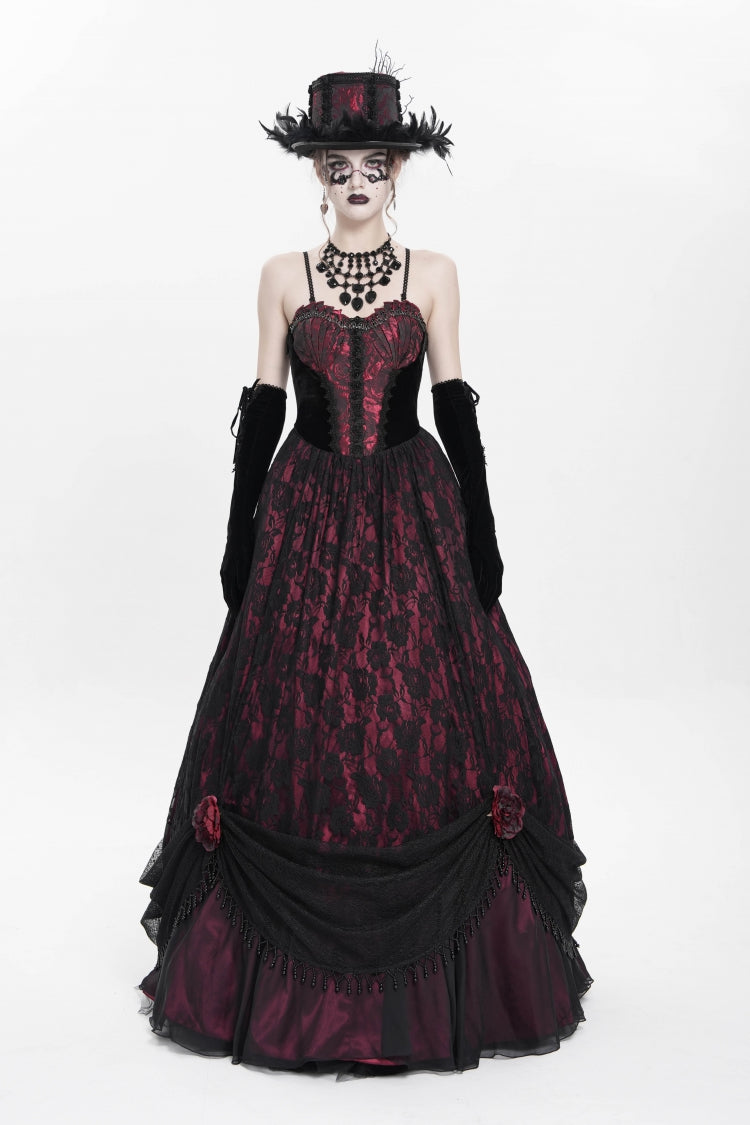 Scarlet Beaded Floral Embroidered Gothic Long Slip Dress