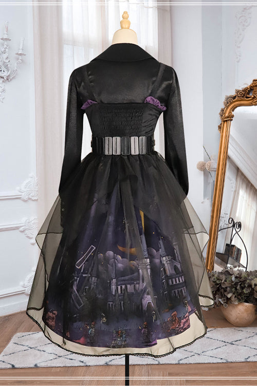 Ebony JSK Dress - Witch Town Print Gothic with Veil