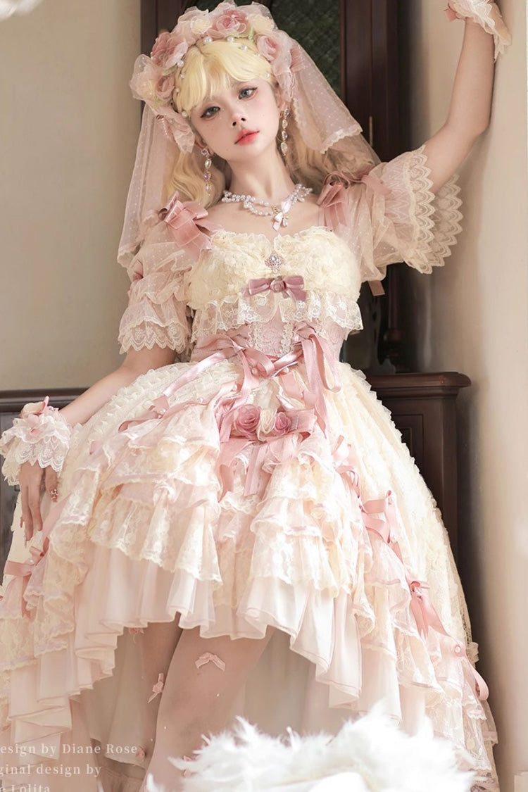 Diane Rose Pink Short Sleeves Multi-Layered Jacquard Ruffle Hanayome Cardigan Bowknot Lace Sweet Dress