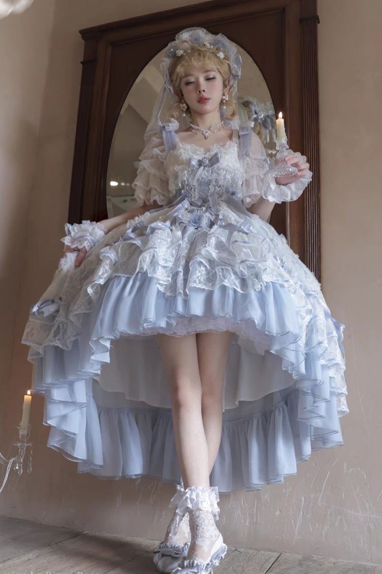Blue Diane Rose Short Sleeve Jacquard Ruffle Cardigan Bow Lace Sweet Lolita Dress