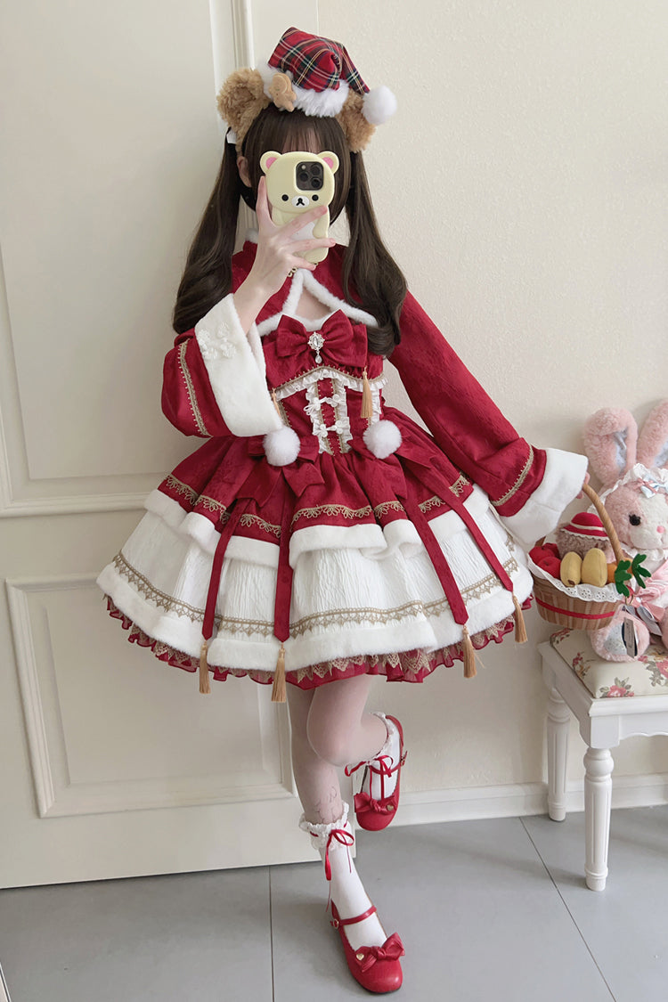 Sweet Two-Piece Dress with Ruffle Sleeves in Red