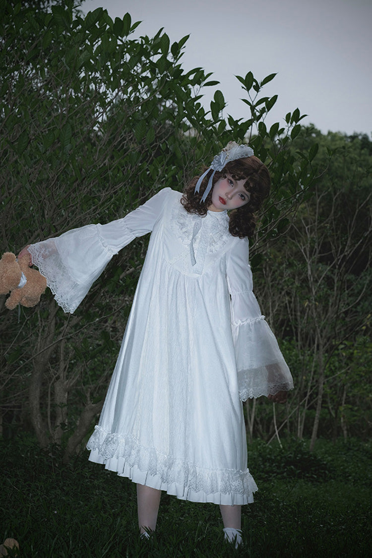 Ivory Stand Collar Long Sleeve Gothic Dress with Lace - Requiem