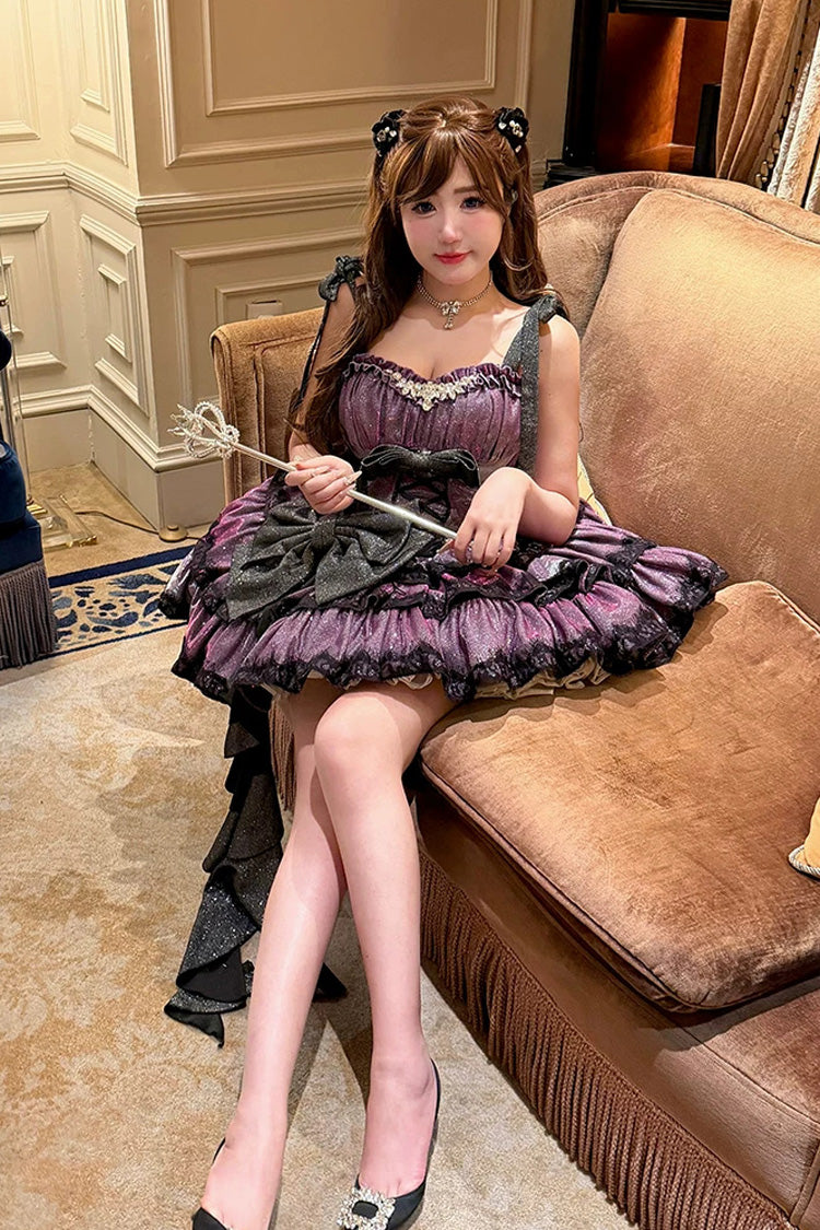 Galaxy of Fallen Tears Violet Glitter Triple-Layered Ruffled Asymmetric Lolita JSK - Galaxy of Fallen Tears