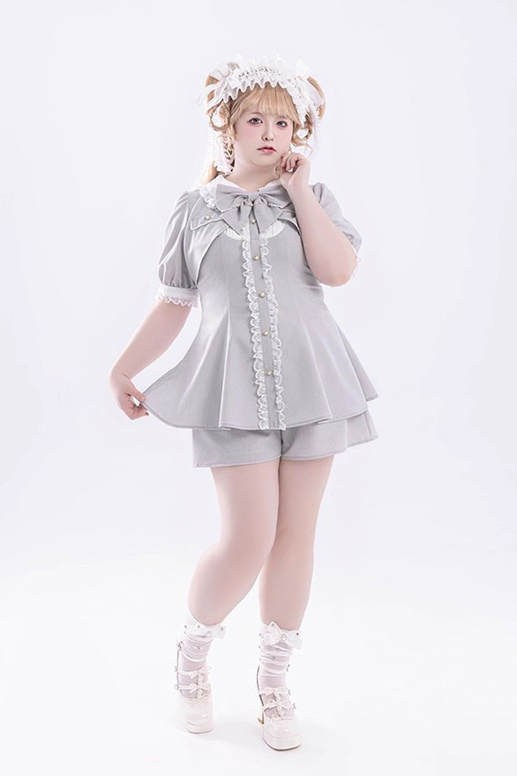 Grey Short Sleeves Ruffle Bowknot Fake Two Pieces Jirai Kei Japanese Dress Shorts