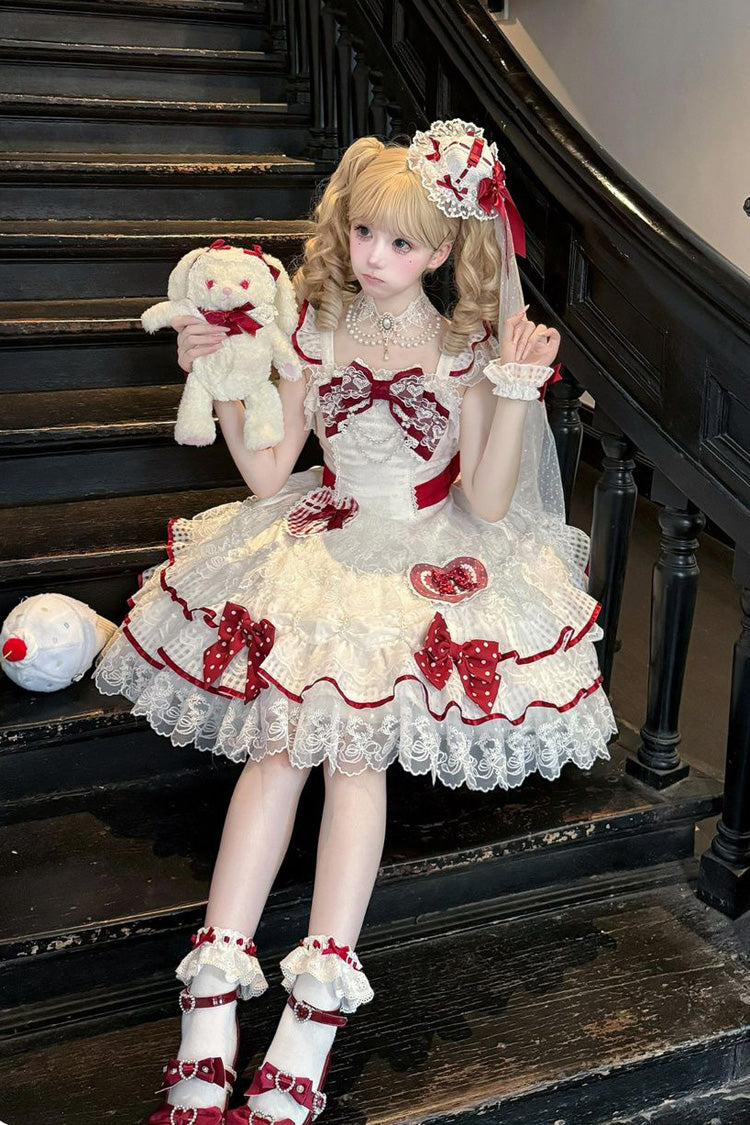 Ivory Polka Dot Love Letter Sleeveless Double Bow Pearl Accent Lolita JSK