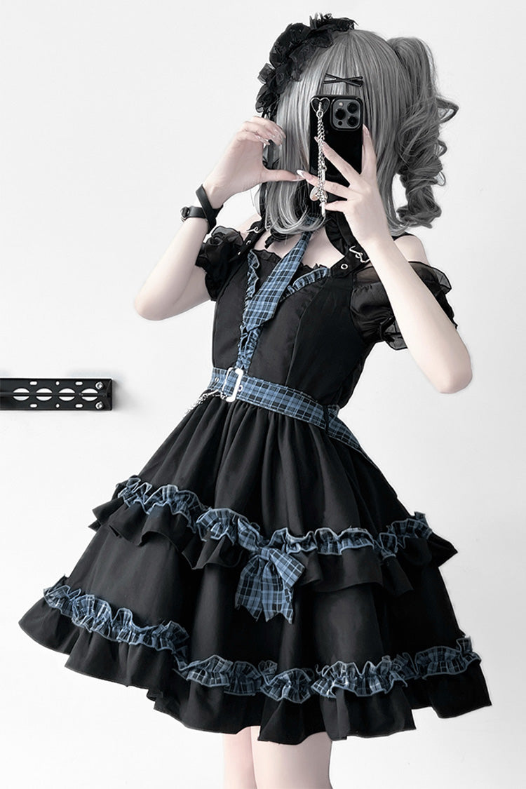Noir Chain Ruffled Bow Buckle College Style Dress Set - Dark Night Starlight