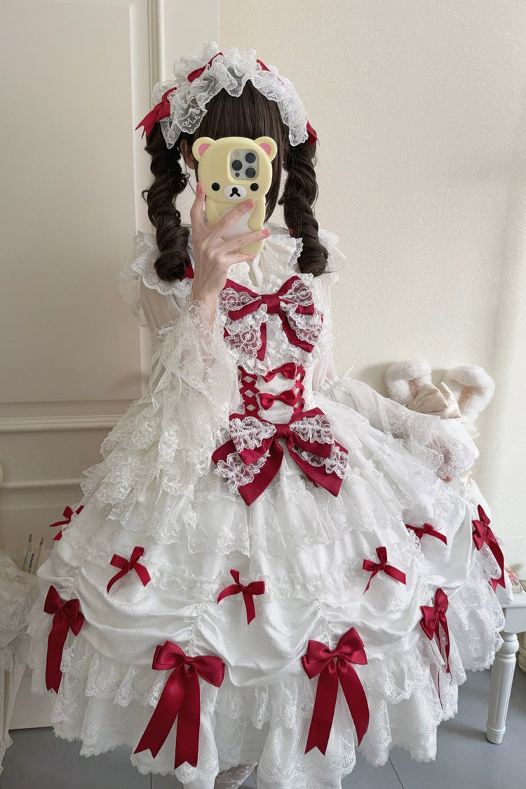 Ivory and Red Silk Gift Box Square Neck Sleeveless Layered Ruffled Bow Lace Sweet Lolita JSK