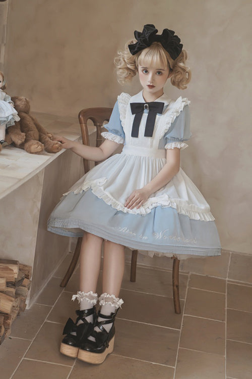 Sweet Lolita Dress with Apron - Lace Puff Sleeve