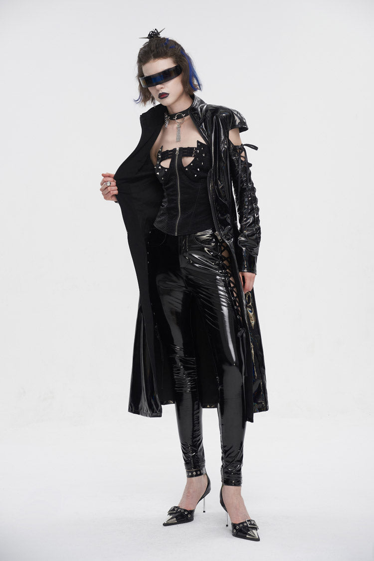 Patent Leather Mesh Spliced Long Punk Coat for Women Lace-Up