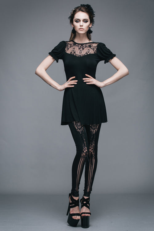 Lace Neck Short Sleeve Mid-Length Gothic Women's Tee