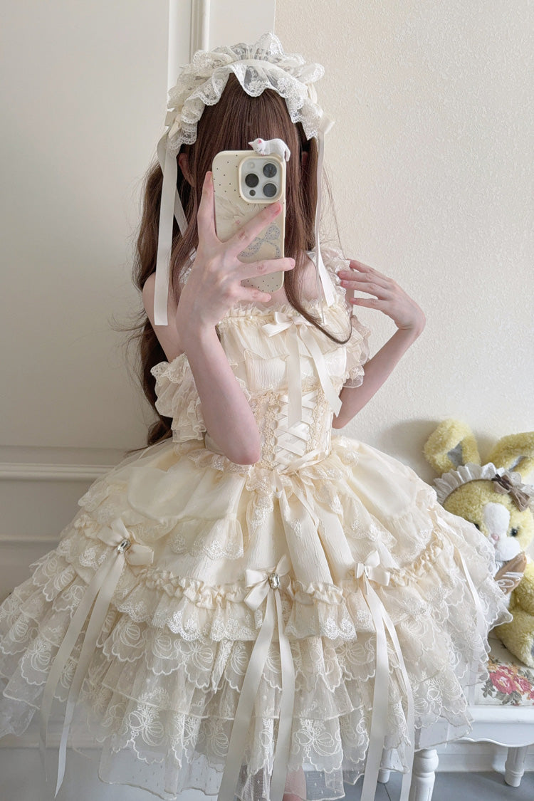 Apricot Princess Ballet Lolita JSK Dress with Multi-Layer Ruffles Bowknot Lace-Up Design
