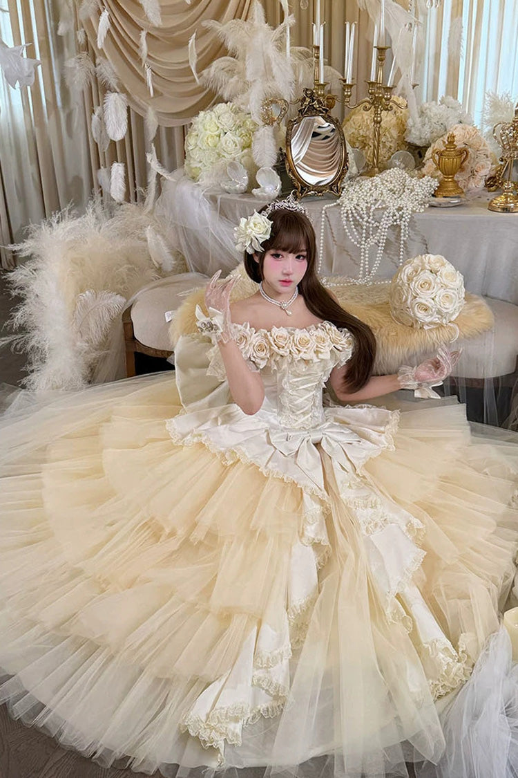 Apricot Sweet Lolita JSK Long Dress with Ruffled Hanayome Bow Lace-Up and Sleeveless Design
