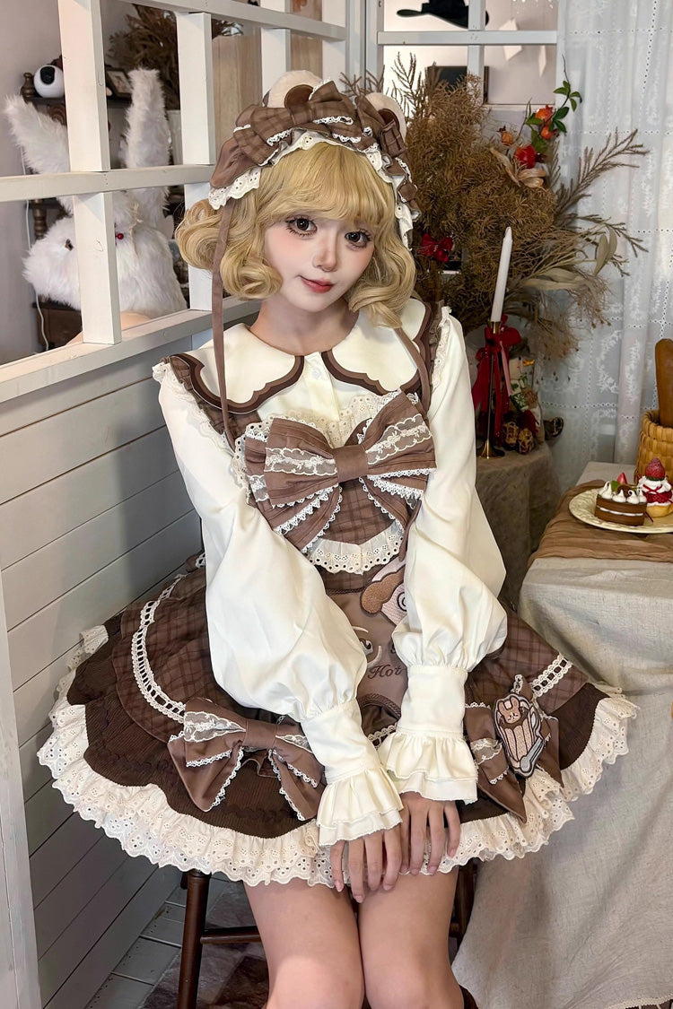Brown Hot Cocoa Little Bear Sleeveless Print Ruffle Lace Sweet Lolita Jsk Dress