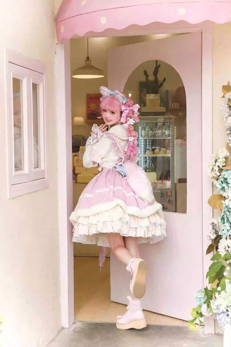 Pale Pink & White Little Fox Multi-Layer Ruffled Bow Long-Sleeve Sweet Lolita Dress