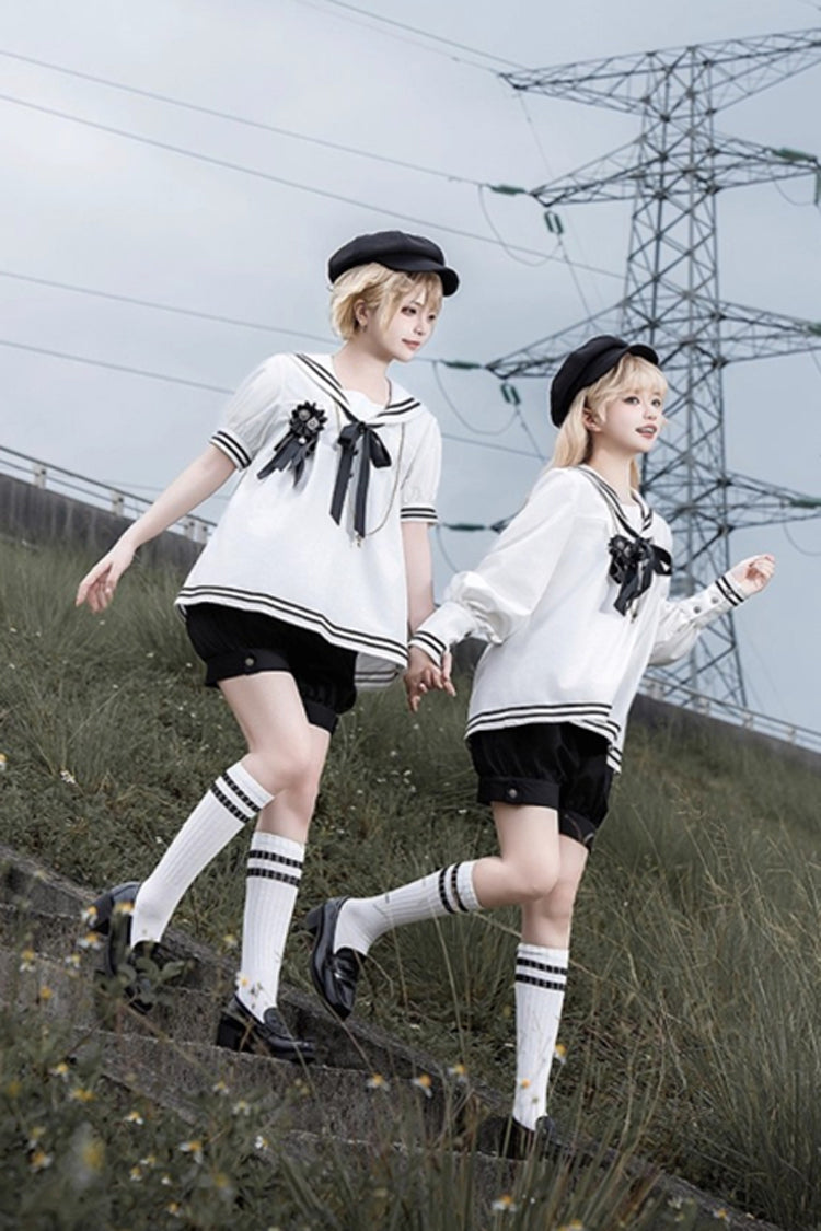 Old Stories Navy Collar Bow Ouji Gothic Lolita Blouse Shorts Set