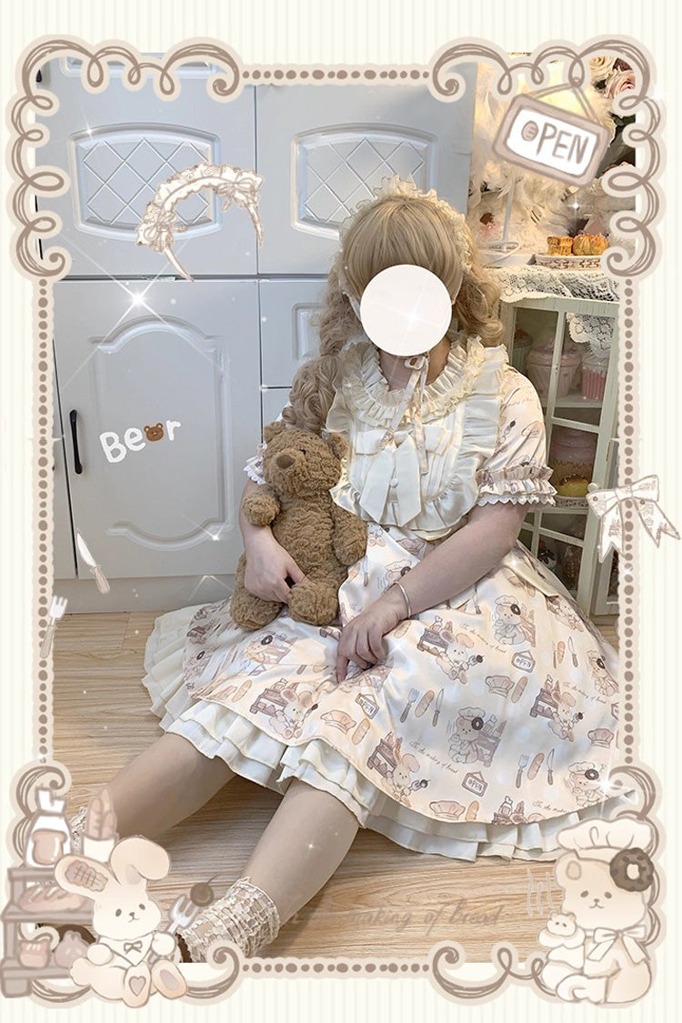 Short Puff Sleeve Print Ruffle Plus Size Princess Lolita Dress Ivory