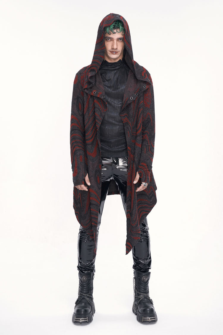 Scarlet Hooded Gothic Coat with Irregular Chains for Men