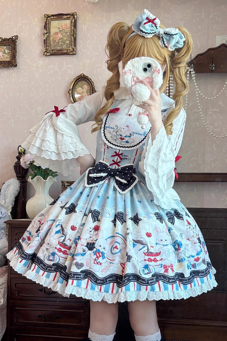 Sleeveless Print Ruffle Bowknot Lace Sweet Lolita Jsk Dress Blue