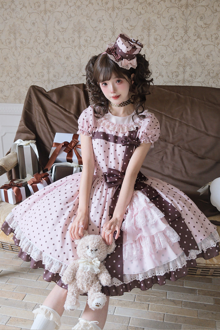 Canelé Gift Box Round Collar Short Sleeves Double-Layered Printed Polka Dot Ruffled Open-Front Bow Asymmetric Sweet Lolita Dress - Pink