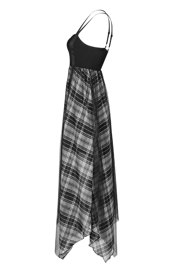 Metal Eyelets Shoulder Strap Irregular Hem Plaid Long Chiffon Punk Slip Dress