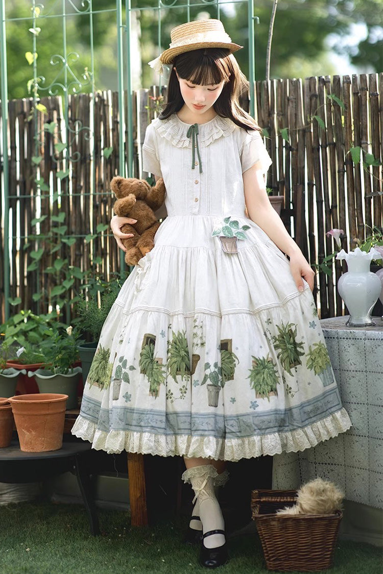 Ivory Potted Plant Short Sleeves Print Ruffle Sweet Lolita Dress
