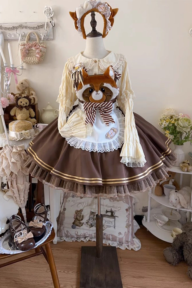 Brown Sweet Lolita Strap Dress Bowknot Ruffled Raccoon Print