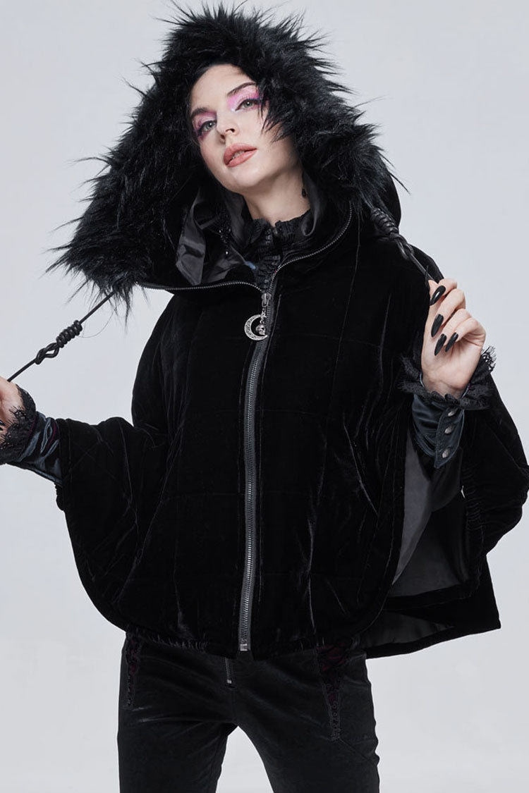 Gothic Velvet Shawl with Crescent Pendant, Zipper, Short Warm Cut
