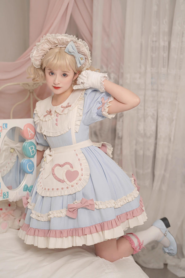 Azure Maid-Style Sweet Princess Dress with Puff Sleeves
