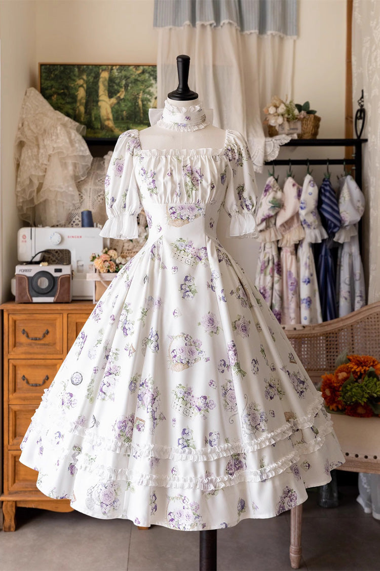 Forest Basket Printed Ruffled Lace Sweet Elegant Dress