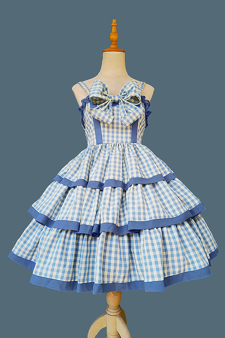 Blue Triple-Layered Plaid Ruffle Bow Sweet Lolita Dress