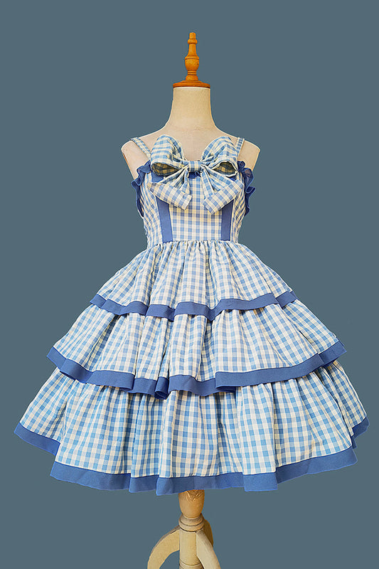 Blue Triple-Layered Plaid Ruffle Bow Sweet Lolita Dress