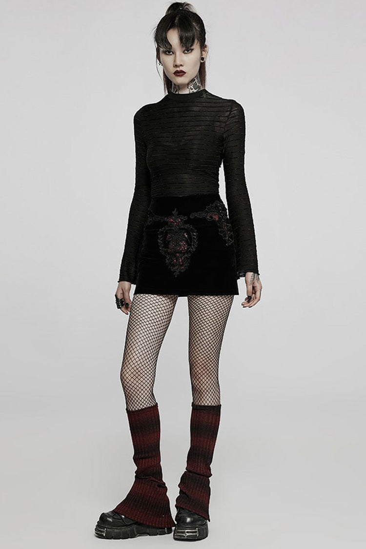 Gothic Velvet Tee with Striped Flared Sleeves, Asymmetric Hem