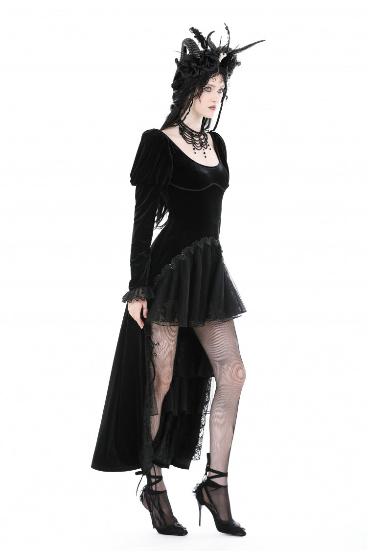 Ink Crewneck Long Puff-Sleeve Lace Hem High-Low Velvet Gothic Wedding Dress for Women