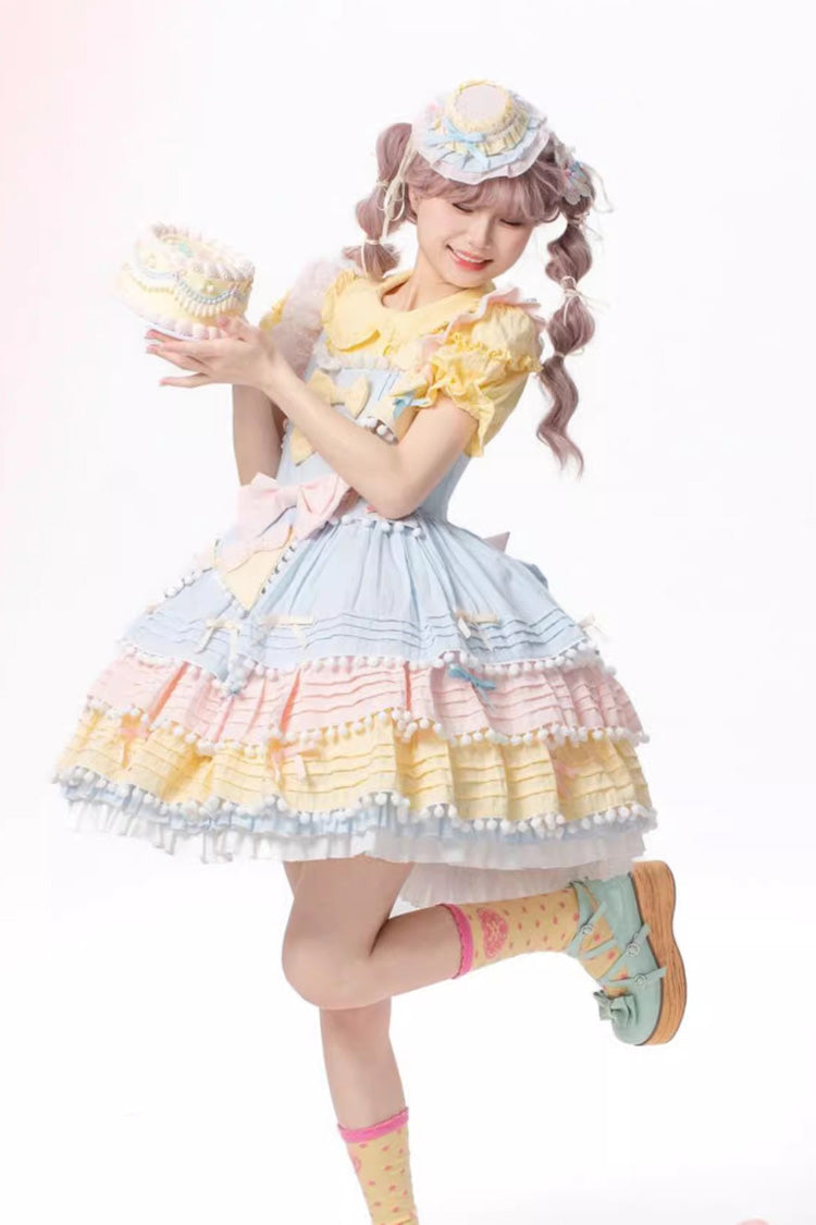 Blue Pink Yellow Sweetheart Macaron Ice Cream Multi-Layered Sweet Dress