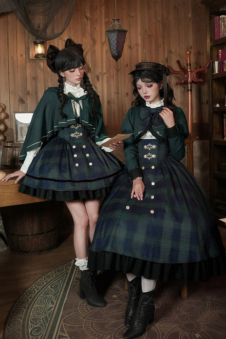 Blue Green Berlin Letter Double-Layered Plaid Print Ruffle Bowknot Classic College Style Lolita Strap Dress Set